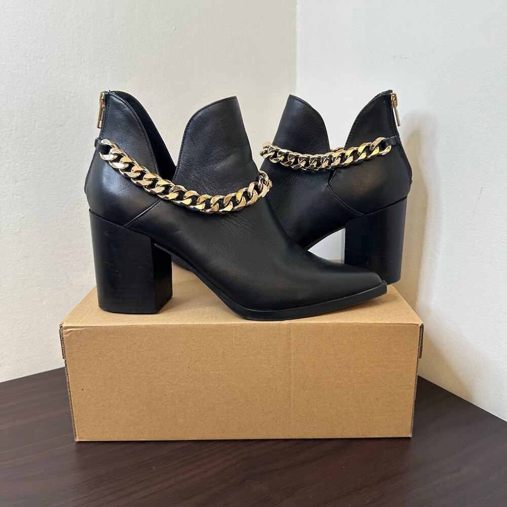 Steve Madden Cedar Black Leather Pointed Toe Block Heel Ankle Booties, Chic Sz 9
